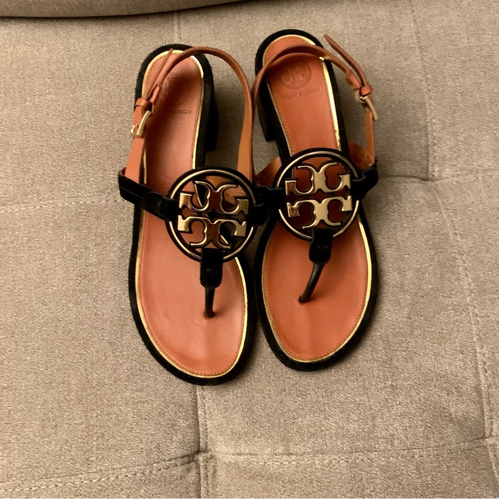 Tory Burch Black Miller Heel Sandal with Gold Logo size 8.